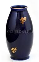 Hollóháza kék váza aranyszínű florális dekorral, matricás, jelzett,, m: 11,5 cm