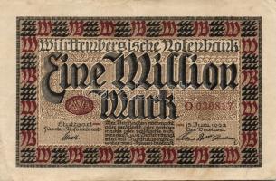 Német Birodalom/Weimari Köztársaság/Württemberg/Württembergische Notenbank 1923. 1000.000M T:II