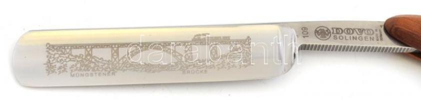 Solingen borotva fa nyéllel, eredeti fém tokban, szép állapotban, h: 23,5 cm + bőr borotva fenő, h: ...