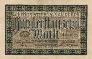 Német Birodalom/Weimari Köztársaság/Württemberg/Württembergische Notenbank 1923. 100.000M (3x) klf szériabetűkkel T:II