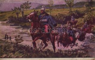 1916 Egy dragonyos átkelése egy folyón Szerbiában / Flußüberschreitung einer Dragoner in Serbien / WWI Austro-Hungarian K.u.K. military, dragoon crossing the river. O.K.W. 4014. (EK)