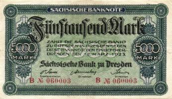 Német Birodalom/Weimari Köztársaság/Szászország/Sächische Bank 1923. 5000M (3x) klf szériabetűkkel T:II,II/III
