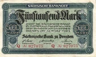 Német Birodalom/Weimari Köztársaság/Szászország/Sächische Bank 1923. 5000M (3x) klf szériabetűkkel T...