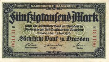 Német Birodalom/Weimari Köztársaság/Szászország/Sächische Bank 1923. 50.000M (2x) klf szériabetűkkel T:II