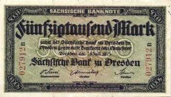 Német Birodalom/Weimari Köztársaság/Szászország/Sächische Bank 1923. 50.000M (2x) klf szériabetűkkel T:II-