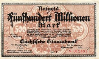 Német Birodalom/Weimari Köztársaság/Szászország/Sächische Staatsbank, Dresden 1923. 500.000.000M T:II