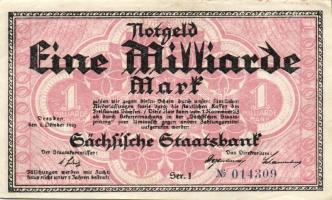 Német Birodalom/Weimari Köztársaság/Szászország/Sächische Staatsbank, Dresden 1923. 1000.000.000M T:II