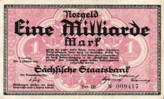 Német Birodalom/Weimari Köztársaság/Szászország/Sächische Staatsbank, Dresden 1923. 1000.000.000M T:II