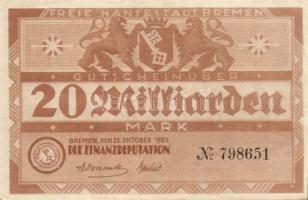 Német Birodalom/Weimari Köztársaság/Bremen/Finanzdeputation, Bremen 1923. 20.000.000.000M T:II