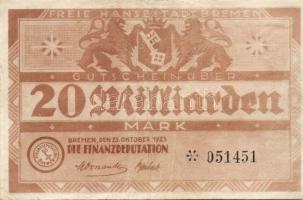Német Birodalom/Weimari Köztársaság/Bremen/Finanzdeputation, Bremen 1923. 20.000.000.000M T:II