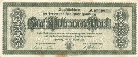 Német Birodalom/Weimari Köztársaság/Hamburg/Finanzdeputation und Hauptstaatskasse 1923. 5000.000M T:II