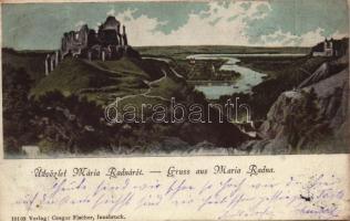 1900 Lippa, Lipova; Solymoser Ruine, Lippa und der Marosfluss, Mária-Radna mit der Kirche / Solymosi vár, Lippa és a Maros folyó, Máriaradnai kegytemplom / Soimos castle, Lipova with Mures river, pilgrimage church in Radna (Rb)