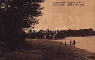 Pöstyén, Piestany; Vág-parti részlet, úszó vízi hajómalom (vízimalom) / Partie an der Waag / Váh riverside, floating watermill (boat mill)