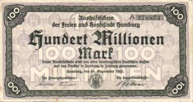Német Birodalom/Weimari Köztársaság/Hamburg/Finanzdeputation und Hauptstaatskasse 1923. 100.000.000M T:II