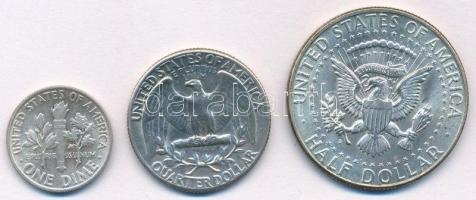 Amerikai Egyesült Államok 1964. 10c Ag + 1964. 25c Ag + 1964D 1/2$ Ag "Kennedy" T:1-,2
US...