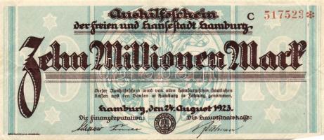Német Birodalom/Weimari Köztársaság/Hamburg/Finanzdeputation und Hauptstaatskasse 1923. 10.000.000M T:II
