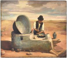 Jelzés nélkül: Főzés a pusztában. Olaj, fa. 48,5×58 cm