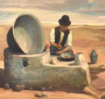 Jelzés nélkül: Főzés a pusztában. Olaj, fa. 48,5×58 cm