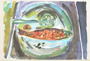 Balla Olga (1947-): Halas csendélet. Akvarell, papír, kartonra kasírozva, hátoldalán a művésznő bélyegzőjével jelzett, üvegezett keretben, 18x25 cm