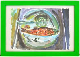 Balla Olga (1947-): Halas csendélet. Akvarell, papír, kartonra kasírozva, hátoldalán a művésznő bély...