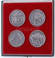 ~1960-1970 Selmecbányai Bányászati Akadémia tanulmányi éremsorozat Matthäus Donner emlékérméinek utánveretei, ezüstözött Br jutalomérem sorozat (4 db-os) díszdobozban (46mm) T:1-  Hungary ~1960-1970 Banská Stiavnica Academic Study coin series restrikes of Matthäus Donner coins (4 pieces), silver plated Br commemorative coins in case (46mm) C:AU