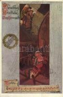 1909 Kleinoscheg Weinstube. Graz Herrengasse / Austrian wine bar advertising card with dwarf s: Karpellus