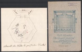 cca 1900-1920 3 db német nyelvű kézzel írott jegyzet rajzokkal + magyar nyelvű tervrajz főzőfazékról