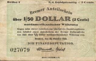 Német Birodalom/Weimari Köztársaság/Bremen/Finanzdeputation, Bremer Anteilscheine 1923. 1/50$(2c) T:III