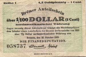 Német Birodalom/Weimari Köztársaság/Bremen/Finanzdeputation, Bremer Anteilscheine 1923. 1/100$(1c) T:III