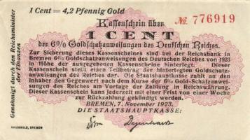 Német Birodalom/Weimari Köztársaság/Bremen/Staatshauptkasse, Bremen 1923. 1c T:II+
