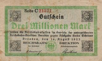 Német Birodalom/Weimari Köztársaság/Német Birodalmi Vasutak/Dresden 1923. 3000.000M T:III