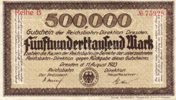 Német Birodalom/Weimari Köztársaság/Német Birodalmi Vasutak/Dresden 1923. 500.000M (2x) klf vízjellel T:II