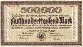 Német Birodalom/Weimari Köztársaság/Német Birodalmi Vasutak/Dresden 1923. 500.000M (3x) klf szériabe...