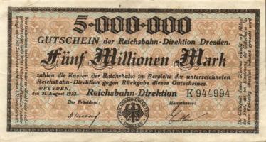 Német Birodalom/Weimari Köztársaság/Német Birodalmi Vasutak/Dresden 1923. 5000.000M, 100.000.000M T:II
