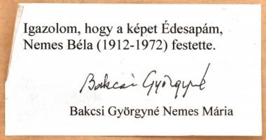 Nemes Béla (1912-1972): Zöldellő táj. Olaj, farost, jelzett, hátoldalán a művész lánya eredetiség ig...