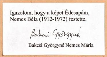 Nemes Béla (1912-1972): Zöldellő táj. Olaj, karton, jelzés nélkül, hátoldalán a művész lánya eredeti...