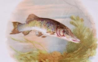 Viktória csehszlovák porcelán "halas" kínáló és 3 db tálka, matricás, jelzett, kopásnyomok...