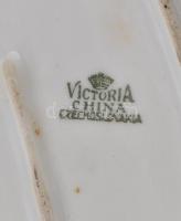 Viktória csehszlovák porcelán "halas" kínáló és 3 db tálka, matricás, jelzett, kopásnyomok...