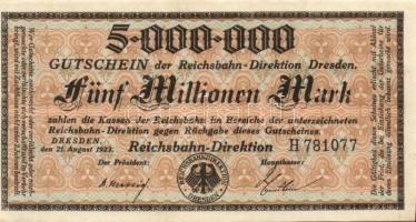 Német Birodalom/Weimari Köztársaság/Német Birodalmi Vasutak/Dresden 1923. 5000.000M (4x) klf szériabetűkkel T:II,II-