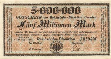 Német Birodalom/Weimari Köztársaság/Német Birodalmi Vasutak/Dresden 1923. 5000.000M (4x) klf szériab...