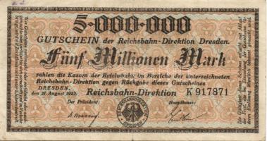 Német Birodalom/Weimari Köztársaság/Német Birodalmi Vasutak/Dresden 1923. 5000.000M (4x) klf szériab...