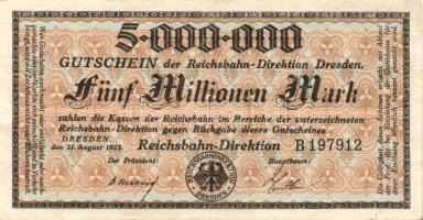 Német Birodalom/Weimari Köztársaság/Német Birodalmi Vasutak/Dresden 1923. 5000.000M (4x) klf szériabetűkkel T:II,II-