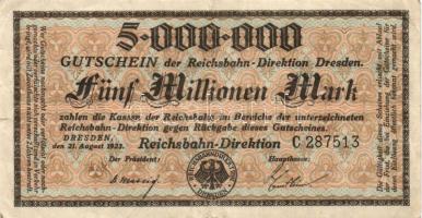 Német Birodalom/Weimari Köztársaság/Német Birodalmi Vasutak/Dresden 1923. 5000.000M (4x) klf szériab...