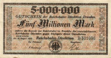 Német Birodalom/Weimari Köztársaság/Német Birodalmi Vasutak/Dresden 1923. 5000.000M (4x) klf szériab...