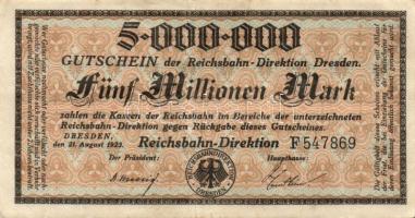Német Birodalom/Weimari Köztársaság/Német Birodalmi Vasutak/Dresden 1923. 5000.000M (4x) klf szériab...