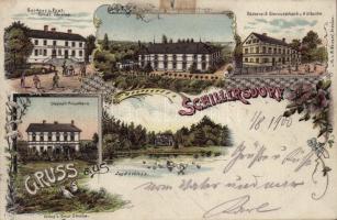 1900 Silherovice, Schillersdorf; Gasthaus z. Post (Ernst Slesina), Anselmstiftung, Bäckerei & Bierausschank v. A. Urbanke, Slesina's Privathaus, Jagdschloss. Verlag v. Ernst Slesina. Lith. v. M. Wenzel / inn, hotel, school, bakery and beer bar, villa, hunting lodge, castle. Art Nouveau, floral, litho (small tear)