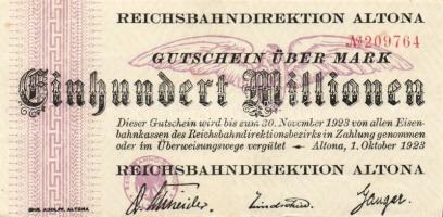 Német Birodalom/Weimari Köztársaság/Német Birodalmi Vasutak/Altona 1923. 100.000.000M T:II+ Csak egyszer hajtva, törve nem!