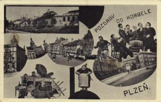 1938 Plzen, Pilsen; multi-view postcard, tram, drunk men humour, montage (fl)