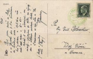 1938 Plzen, Pilsen;  multi-view postcard, tram, drunk men humour, montage (fl)