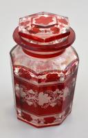 5 db antik üvegtárgy, piros levélmintás dekorral: Pohár, kiöntő, tégely fedővel, füles bögrécske, du...